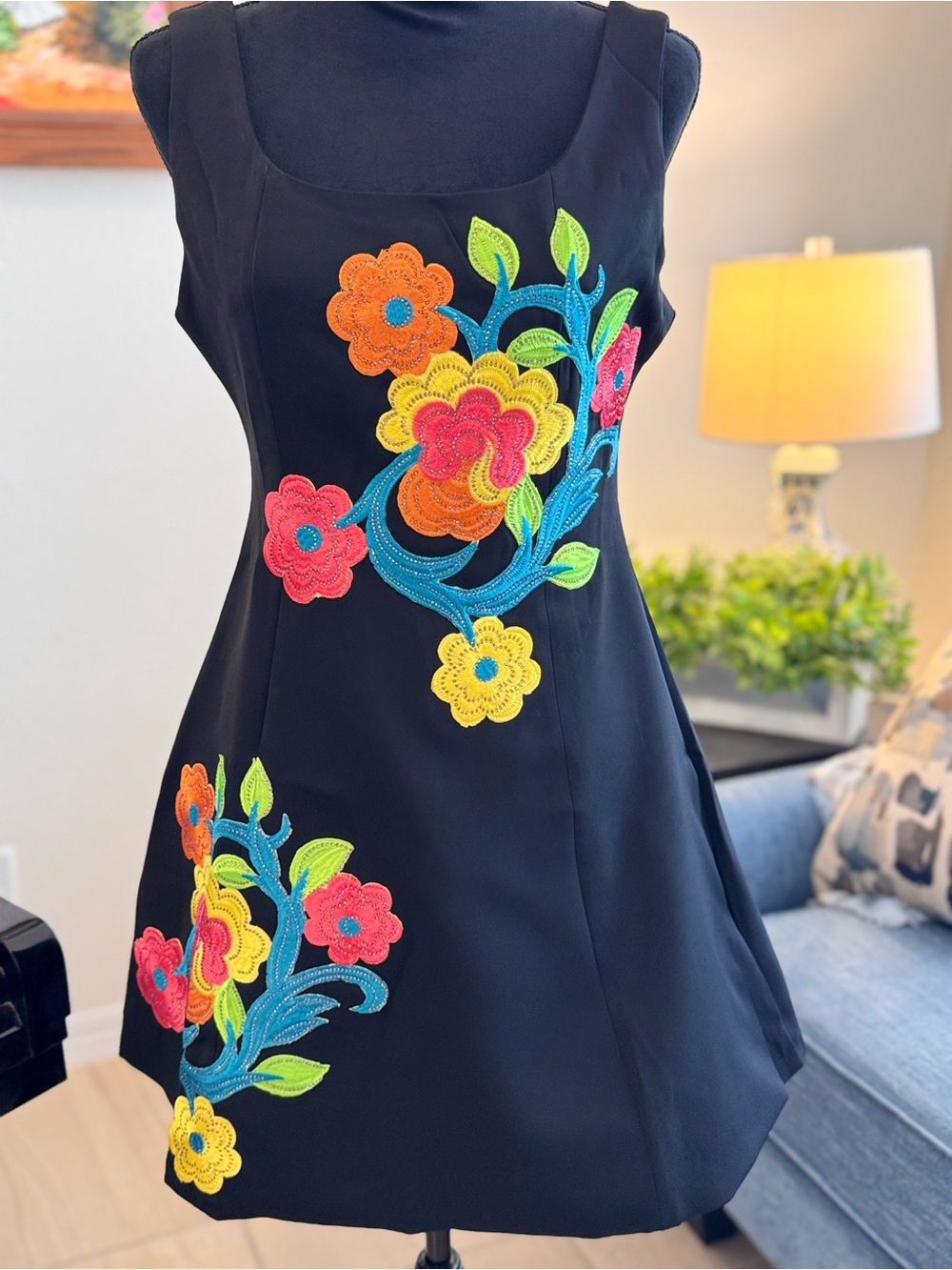 Black Floral Appliqué Sleeveless Dress